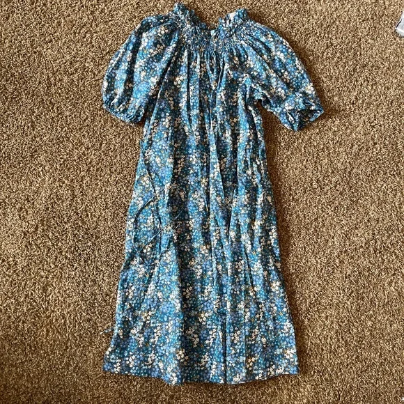 J Crew Liberty Sea Blossoms Blue Floral Smocked Neck Puff Sleeves Dress Size S - Picture 2 of 3